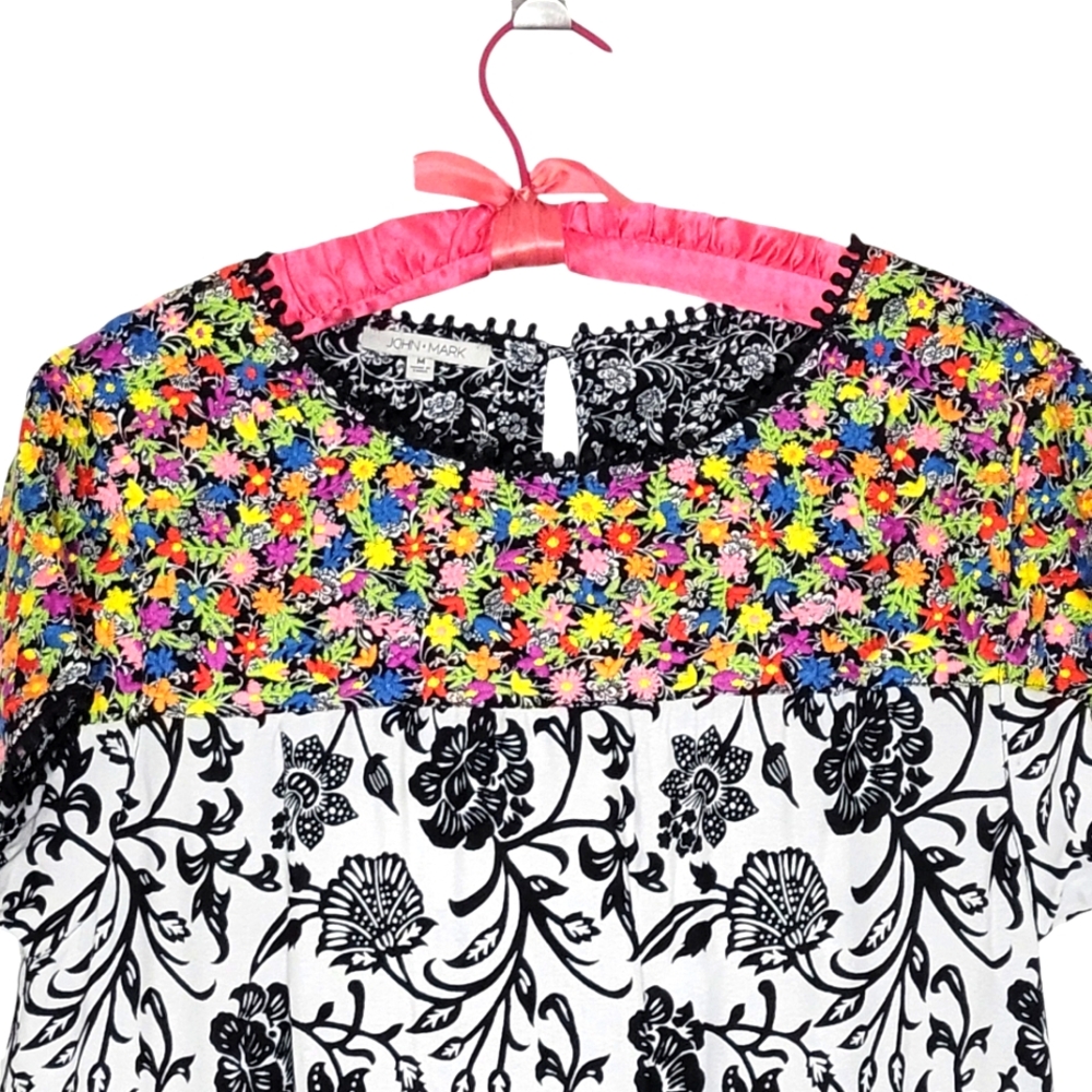 John Mark Womens Dress Size M Multicolor Floral Embroidery‎ Short Sleeves - Picture 2 of 9